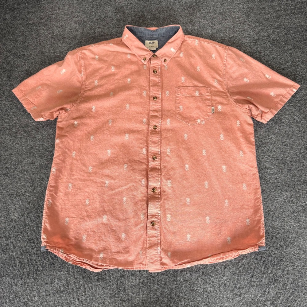 Vans Mens Large Classic Fit‎ Pineapple Skull Print Button Down Shirt Salmon Pink
